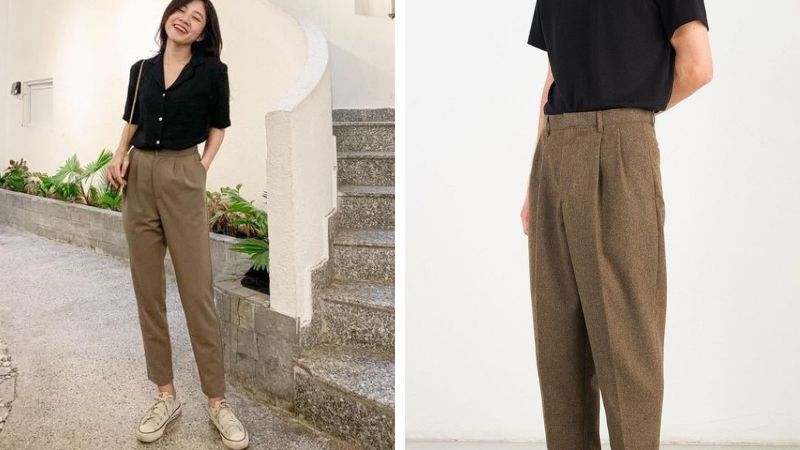 Áo màu đen phối với quần màu nâu nhìn rất phong cách
