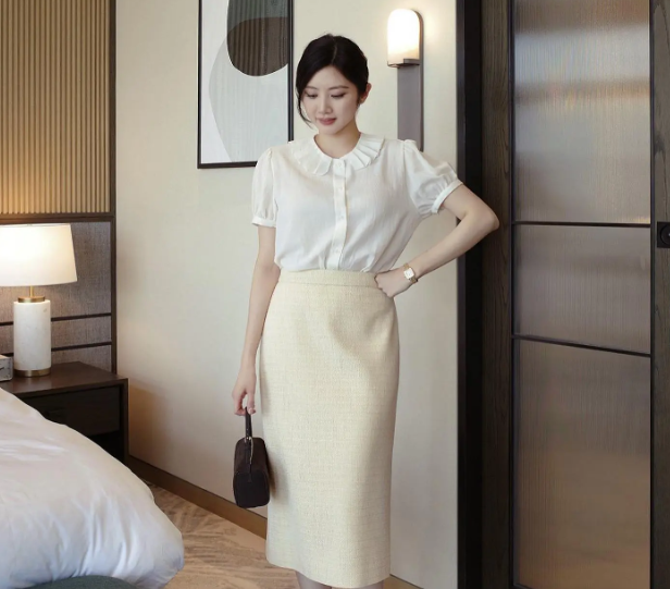 Công thức áo blouse trắng và chân váy bút chì màu kem mang đậm nét nữ tính, không hề cộng tuổi cho người mặc. 