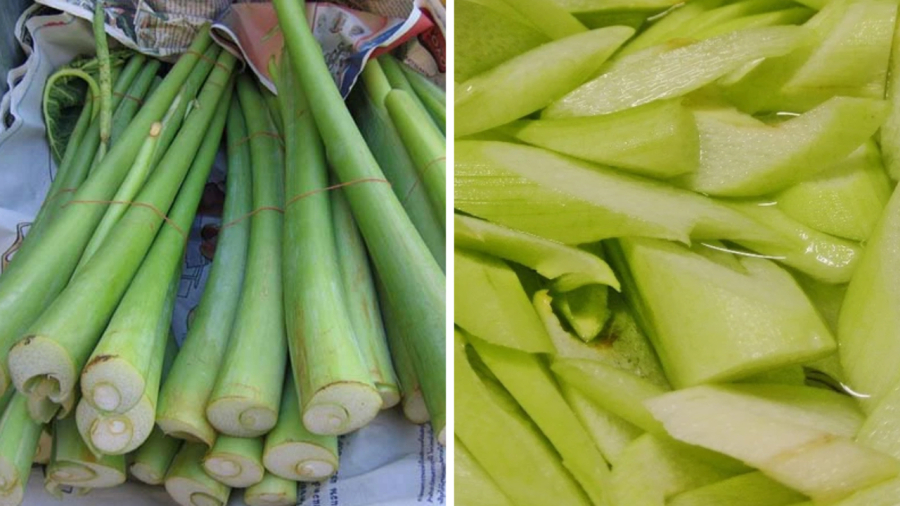 Dọc mùng cần được tước vỏ sạch sẽ rồi sơ chế để loại bỏ phần nhựa gây ngứa.