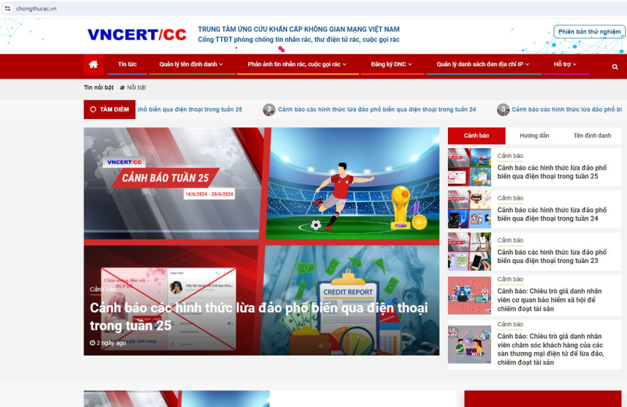 Trang web của Trung tâm ứng cứu khẩn cấp không gian mạng Việt Nam - Cổng Thông tin điện tử phòng chống tin nhắn rác, thư điện tử rác, cuộc gọi rác.