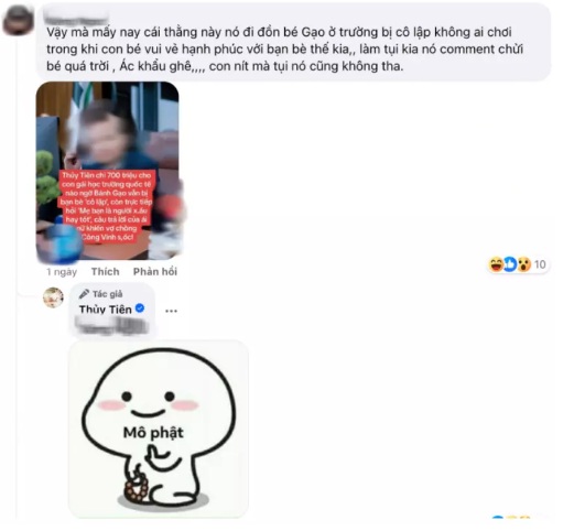 Phản ứng của Thủy Tiên khi có một cư dân mạng bức xúc bé Bánh Gạo bị cô lập ở trường học