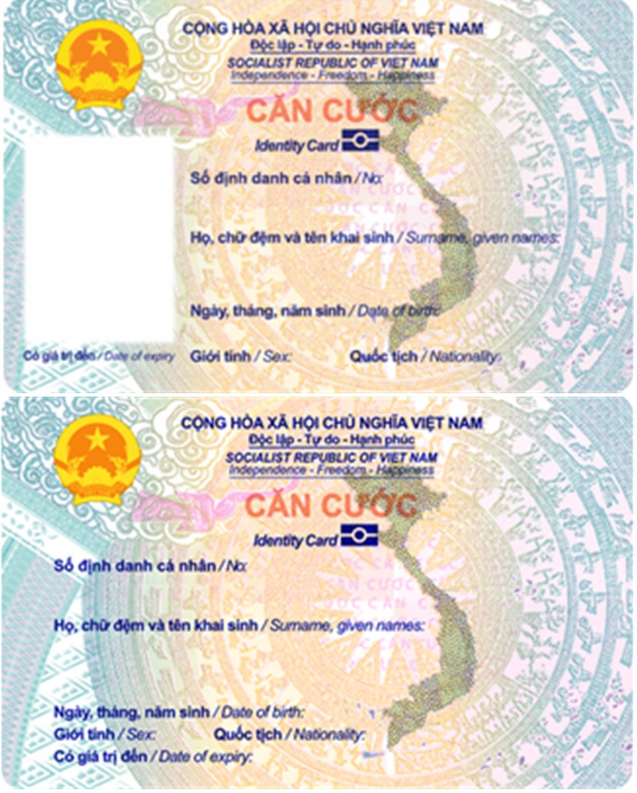 Mặt trước cửa thẻ Căn cước mẫu mới cấp cho đối tượng từ đủ 6 tuổi trở lên (hình trên) và dưới 6 tuổi.