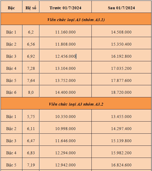 Bảng lương chi tiết của viên chức từ ngày 1/7/2024