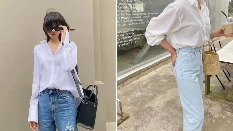 Áo sơ mi trắng và quần jeans luôn là set đồ kinh điển