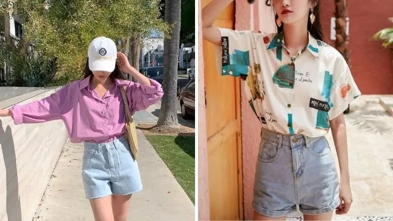 Quần short jeans và áo sơ mi họa tiếp làm cho chị em thêm phẩn năng động, trẻ trung
