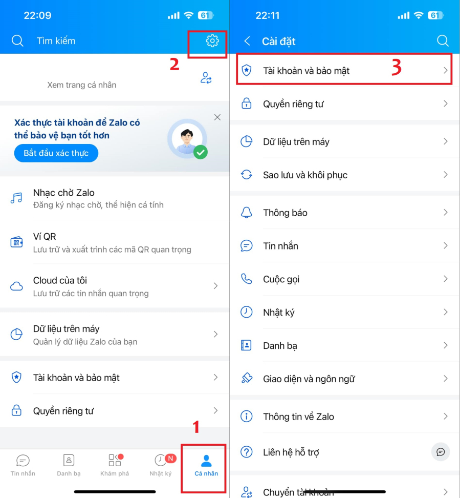Truy cập vào phần Tài khoản và bảo mật của ứng dụng Zalo.