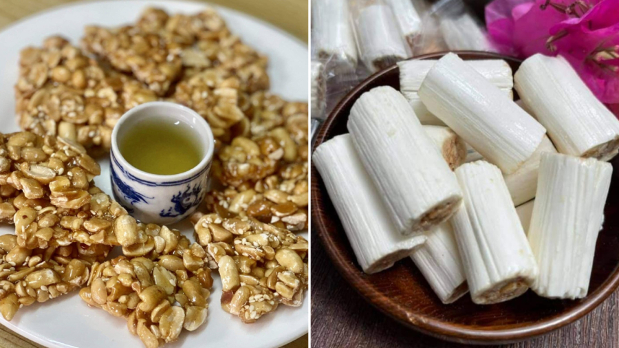 Kẹo sìu châu (bên trái) và kẹo dồi - đặc sản dân dã của đất Thành Nam.