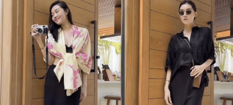 Công thức tươi tắn và quyến rũ hơn so với set áo sơ mi + chân váy suông chính là áo crop top + chân váy lụa và khăn họa tiết quàng vai.