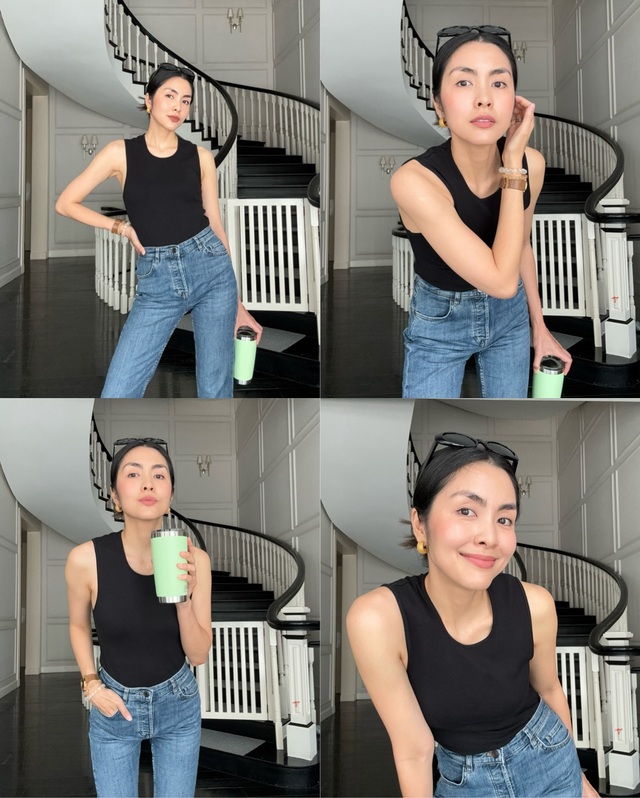 Công thức áo tank top màu đen và quần jeans xanh giúp vẻ ngoài của người mặc trở nên thanh lịch hơn. 