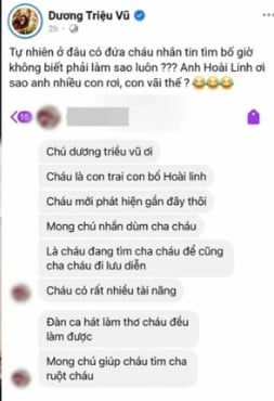 Dương Triệu Vũ chia sẻ tin nhắn người tự nhận là con của Hoài Linh.