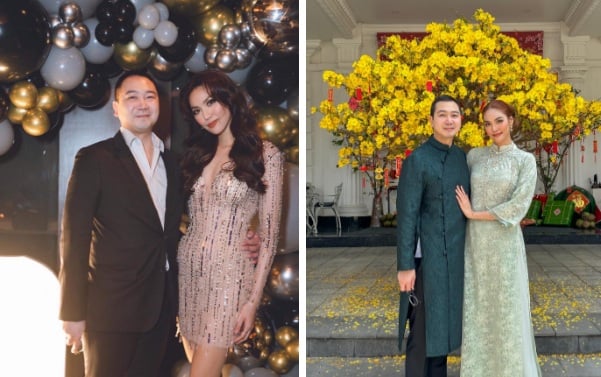 Lan Khuê vẫn giữ nguyên những đặc trưng trong phong cách, đó là sự lộng lẫy, nổi bật còn ông xã ăn diện đơn giản.