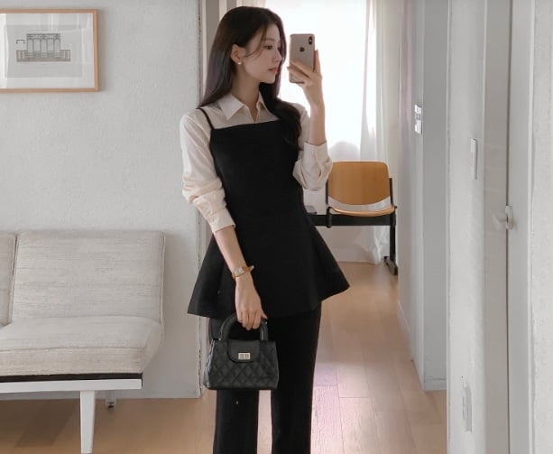 Áo sơ mi và áo peplum, quần âu ống vẩy đã tạo nên tổng thể Shbet999 com đăng nhập nữ tính, sang trọng.   