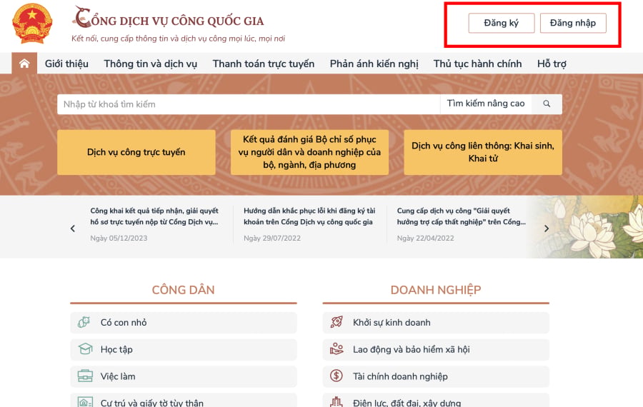 Truy cập Cổng dịch vụ công quốc gia và đăng nhập.