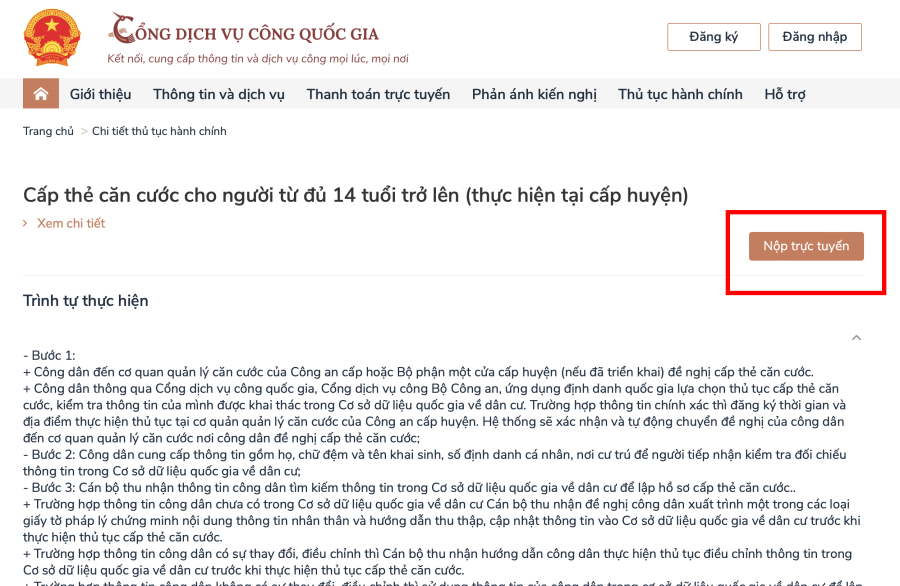 Chọn nộp trực tuyến để điền thông tin và đặt lịch hẹn.
