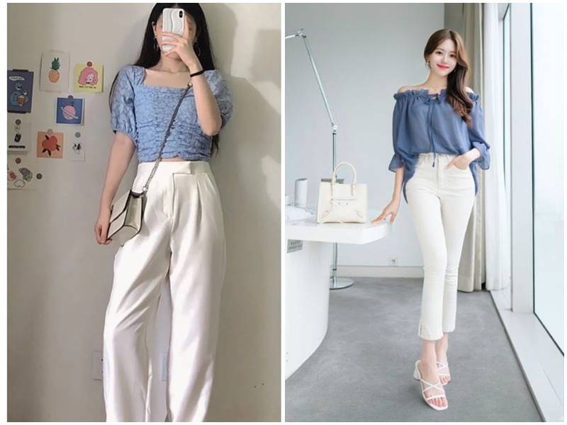 Dù là xanh dương đậm hay nhạt, sự kết hợp với quần trắng luôn mang đến sự hài hòa và trẻ trung.