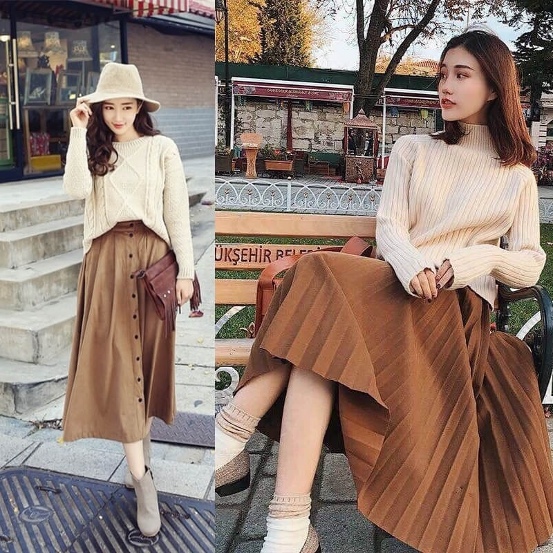 Chân váy midi kết hợp với áo len dài tay là bộ đồ lý tưởng cho những ngày lạnh. 
