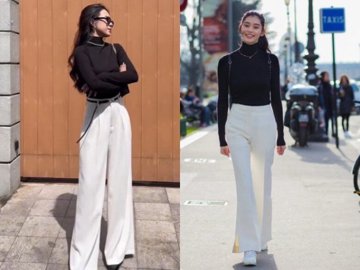 Màu trắng mang đến sự tươi sáng, thanh thoát, trong khi áo len đen giữ lại vẻ sang trọng, trưởng thành.