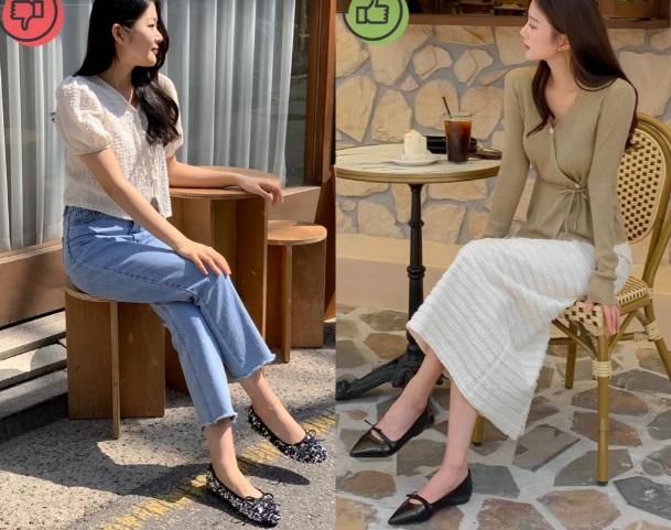 Hãy thay thế chúng bằng những đôi giày búp bê trơn màu trung tính, có thiết kế đơn giản hoặc gắn nơ mảnh.