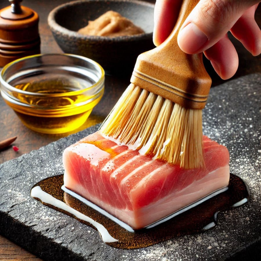 Sau khi quét rượu, hãy thêm một lớp dầu ăn mỏng để bảo vệ thịt, giữ độ ẩm và chất dinh dưỡng