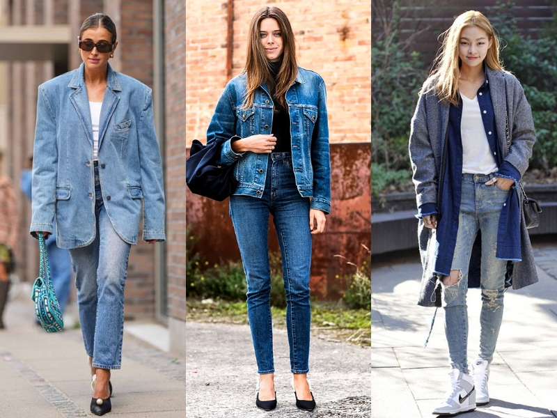 Một set đồ denim-on-denim, với áo khoác denim và quần jeans, sẽ giúp bạn tỏa sáng với vẻ ngoài mạnh mẽ và phóng khoáng.