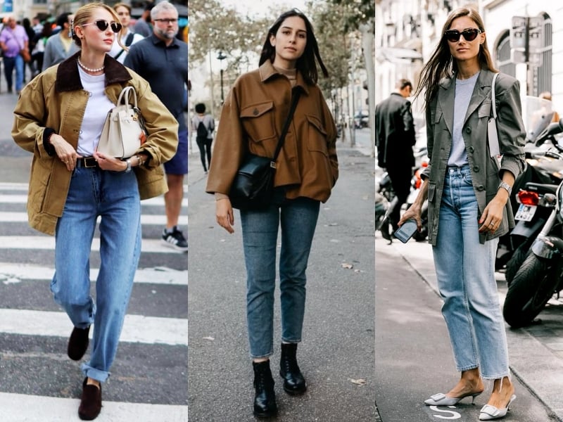 Cách phối phổ biến nhất là kết hợp áo khoác utility với áo thun cơ bản và quần jeans. 