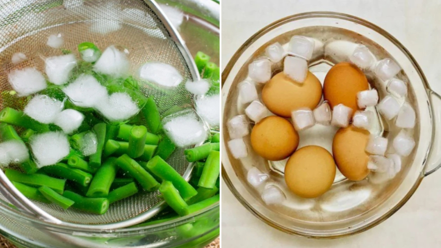 Rau luộc, trứng luộc sau khi nấu chín nên đem ngâm nước đá lạnh.