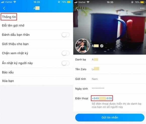  Chọn Thông tin, tại đây bạn sẽ thấy số điện thoại của bạn bè mà bạn muốn