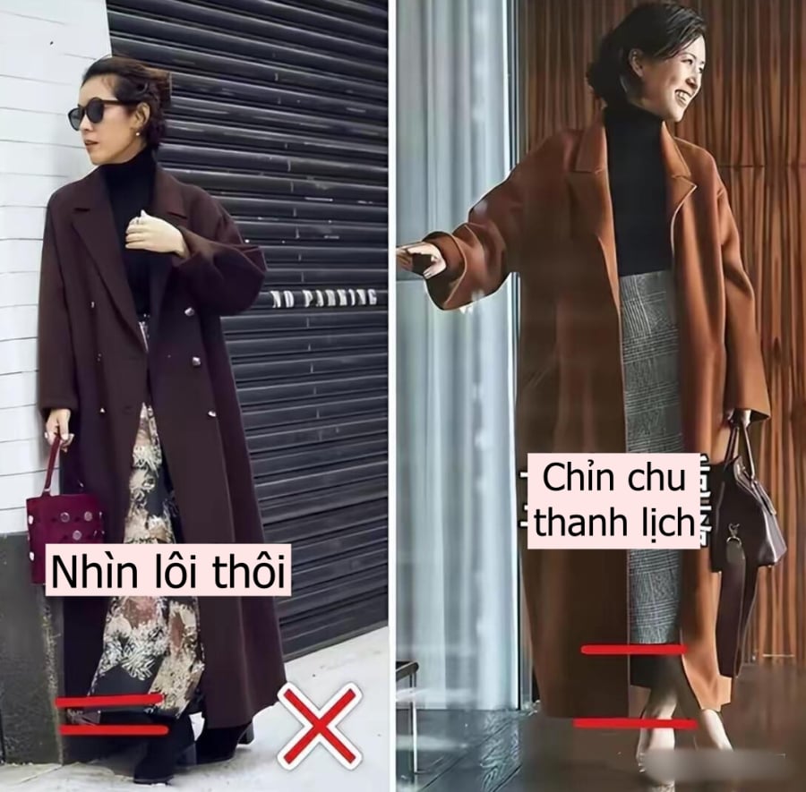 Với những người có chiều cao khiêm tốn, áo măng tô dài quá gối thường khiến vóc dáng trông thấp hơn