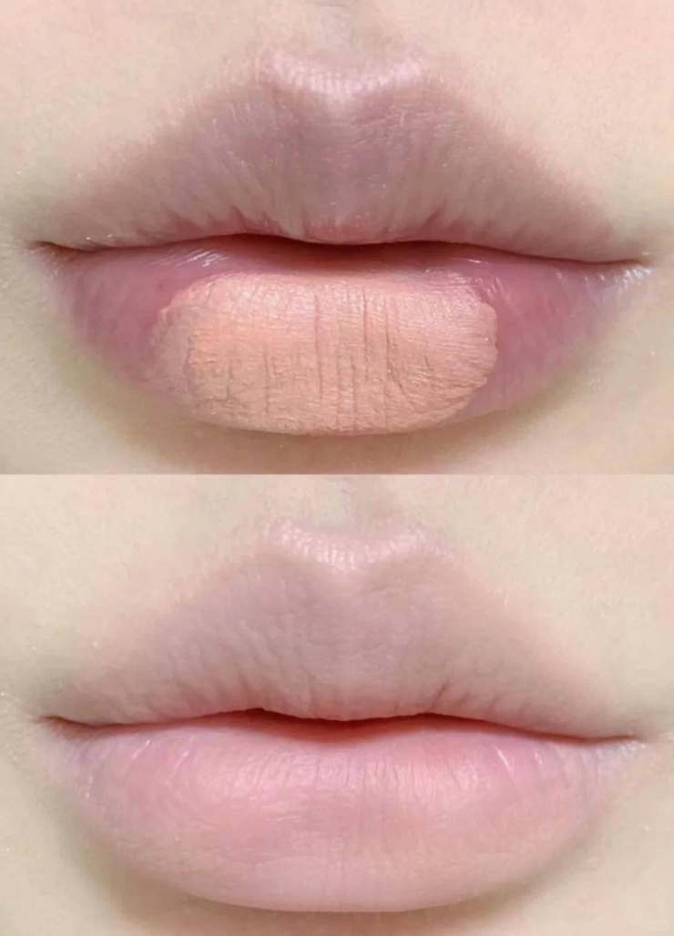 Bước đầu tiên trong quy trình chăm sóc môi là sử dụng kem lót màu tím. 