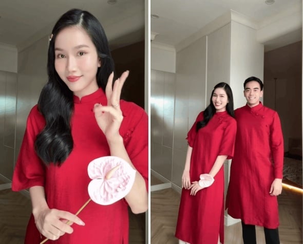 Phạm Ngọc Phương Anh ghi điểm với thiết kế áo dài gấm đỏ lấp lánh, kiểu dáng suông thoải mái nhưng không kém phần thanh thoát.