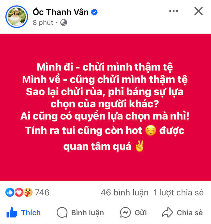 Cô bày tỏ thái độ bức xúc vì bị chửi rủa thậm tệ khi quyết định rời Việt Nam cũng như trở về nước. 