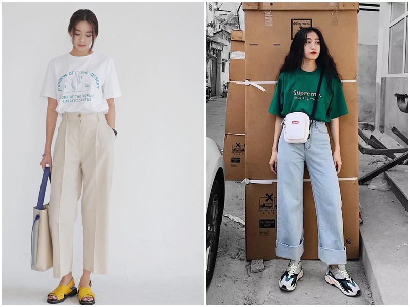 Người nhỏ nhắn nên ưu tiên những chiếc quần ống rộng dài đến mắt cá chân.