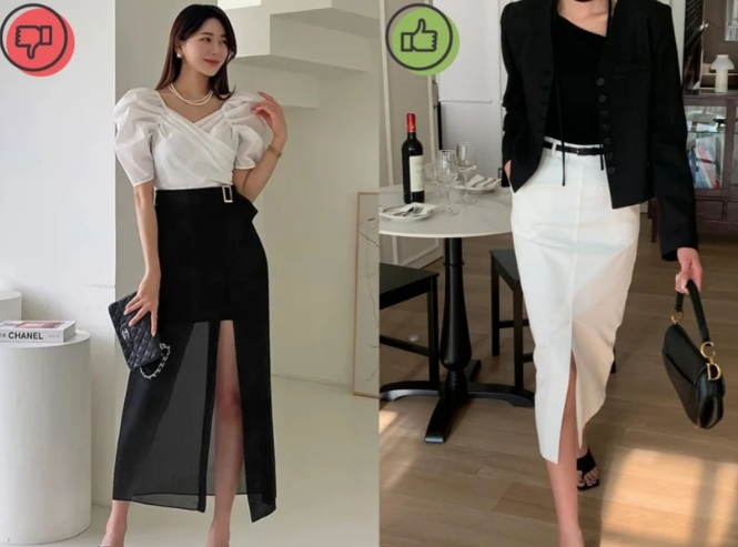 Chân váy xẻ tà luôn là biểu tượng của sự quyến rũ, tuy nhiên, thiết kế có phần xẻ quá cao lại dễ gây mất điểm phong cách.