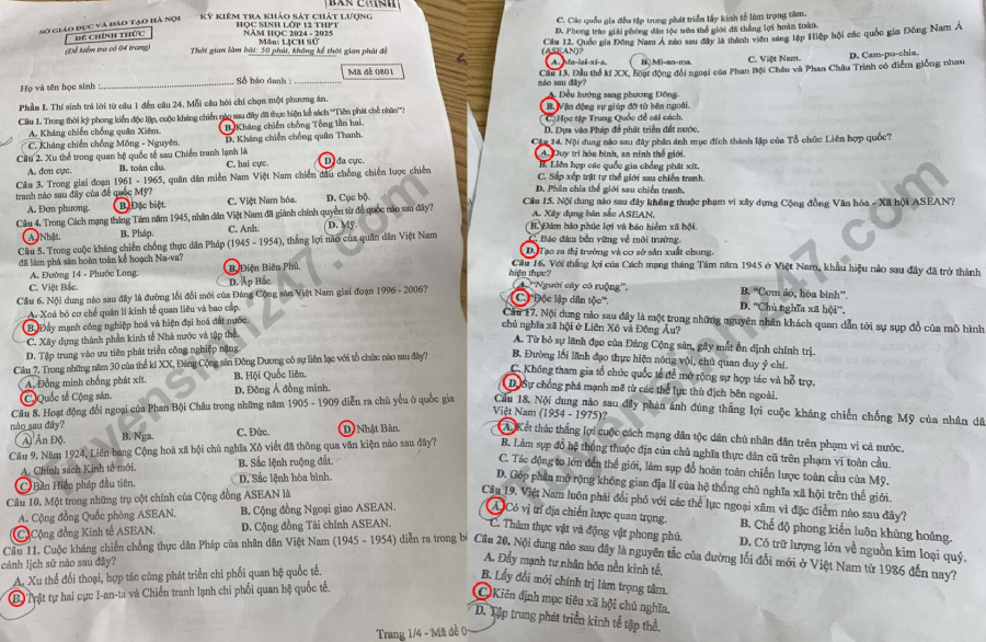 Đề thi khảo sát môn Lịch sử lớp 12 Hà Nội năm 2025, mã đề 0801, trang 1-2.
