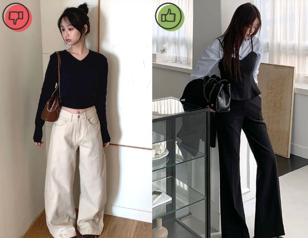 nếu chọn thiết kế quá dài và rộng, kiểu quần này có thể khiến vóc dáng trông thấp hơn