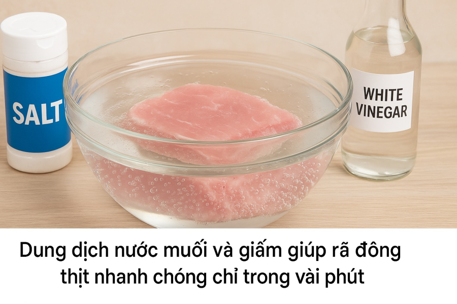 Bạn chỉ cần thêm 1-2 thìa canh giấm trắng vào dung dịch nước muối đã pha sẵn. Nhẹ nhàng khuấy đều để hai nguyên liệu hòa quyện, tạo thành “bộ đôi” hoàn hảo cho việc rã đông thịt