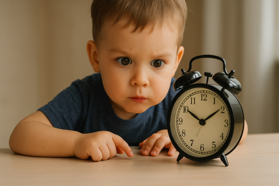 Một cậu bé đang chăm chú nhìn vào chiếc đồng hồ và đếm số.