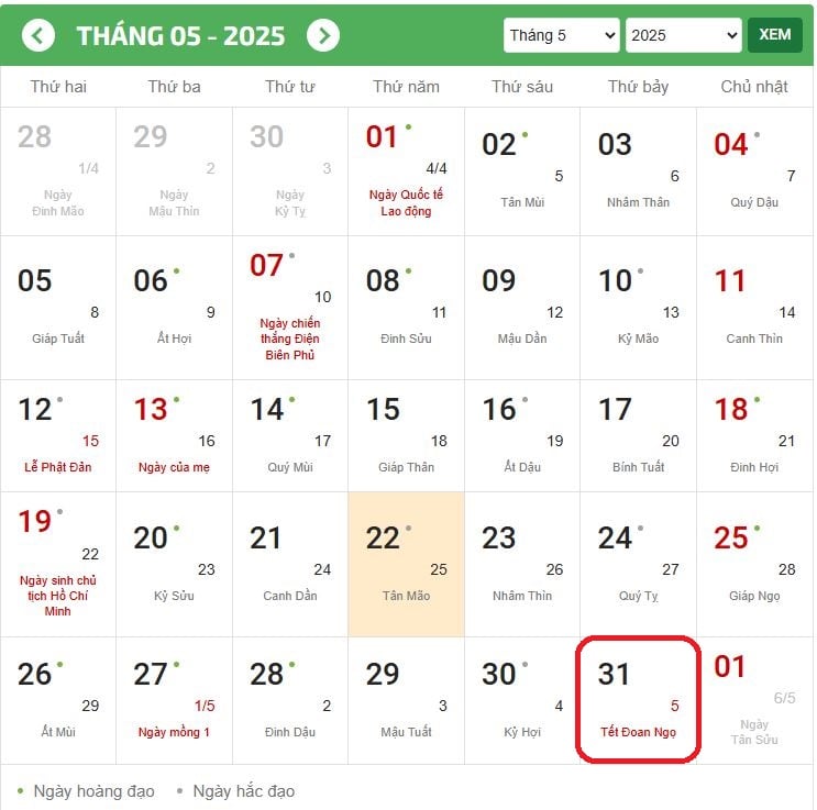 Tết Đoan Ngọ 2025 - 5/5 năm Ất Tỵ rơi vào thứ Bảy ngày 31/5 Dương lịch. 