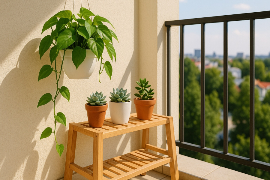 Góc ban công tươi mới nhờ trầu bà, sen đá – điểm nhấn phong thủy hút may mắn.