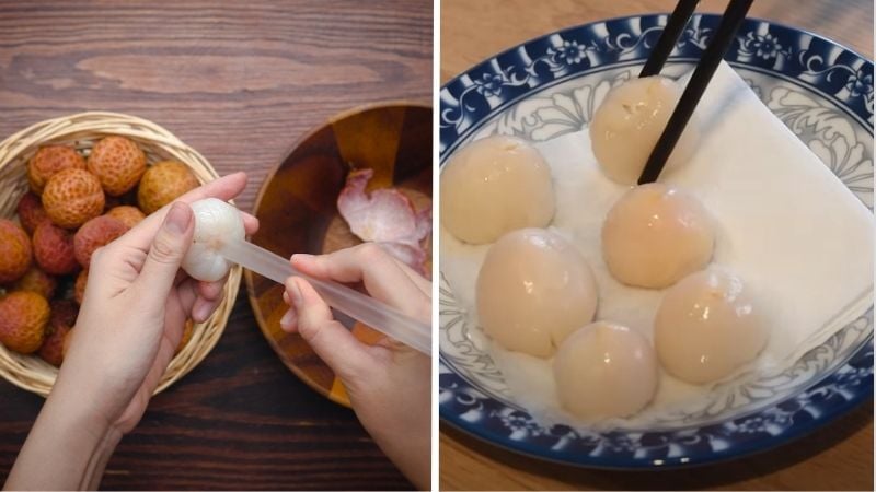 Bóc vỏ, tách hạt và để ráo vải để khúc bạch không bị tách nước