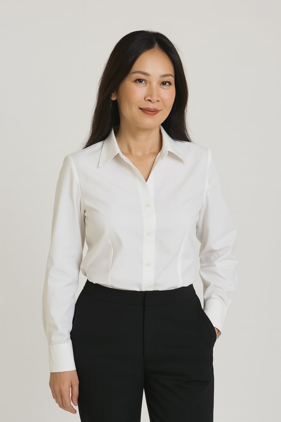 Thanh lịch và chuyên nghiệp với combo sơ mi trắng và quần âu đen – công thức kinh điển cho mọi quý cô tuổi 40