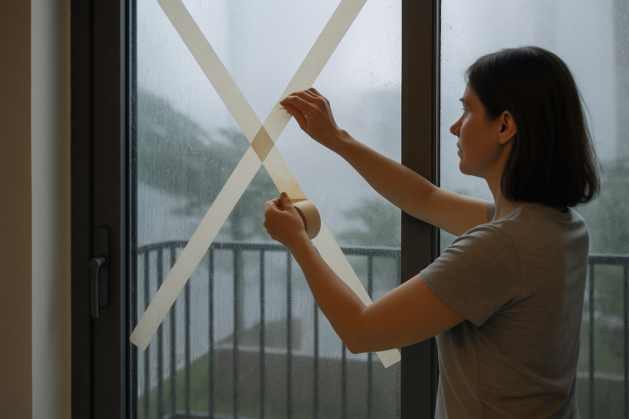 Dán kín cửa kính và đóng chặt ban công là bước bảo vệ an toàn quan trọng trong mùa mưa bão.