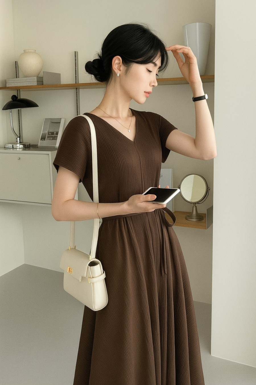 Chiếc váy màu nâu nhấn eo nhẹ nhàng sẽ giúp tôn dáng, che khuyết điểm tốt và dễ dàng diện từ công sở đến những buổi hẹn nhẹ nhàng