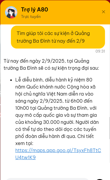 Giao diện hiển thị tính năng Trợ lý A80.