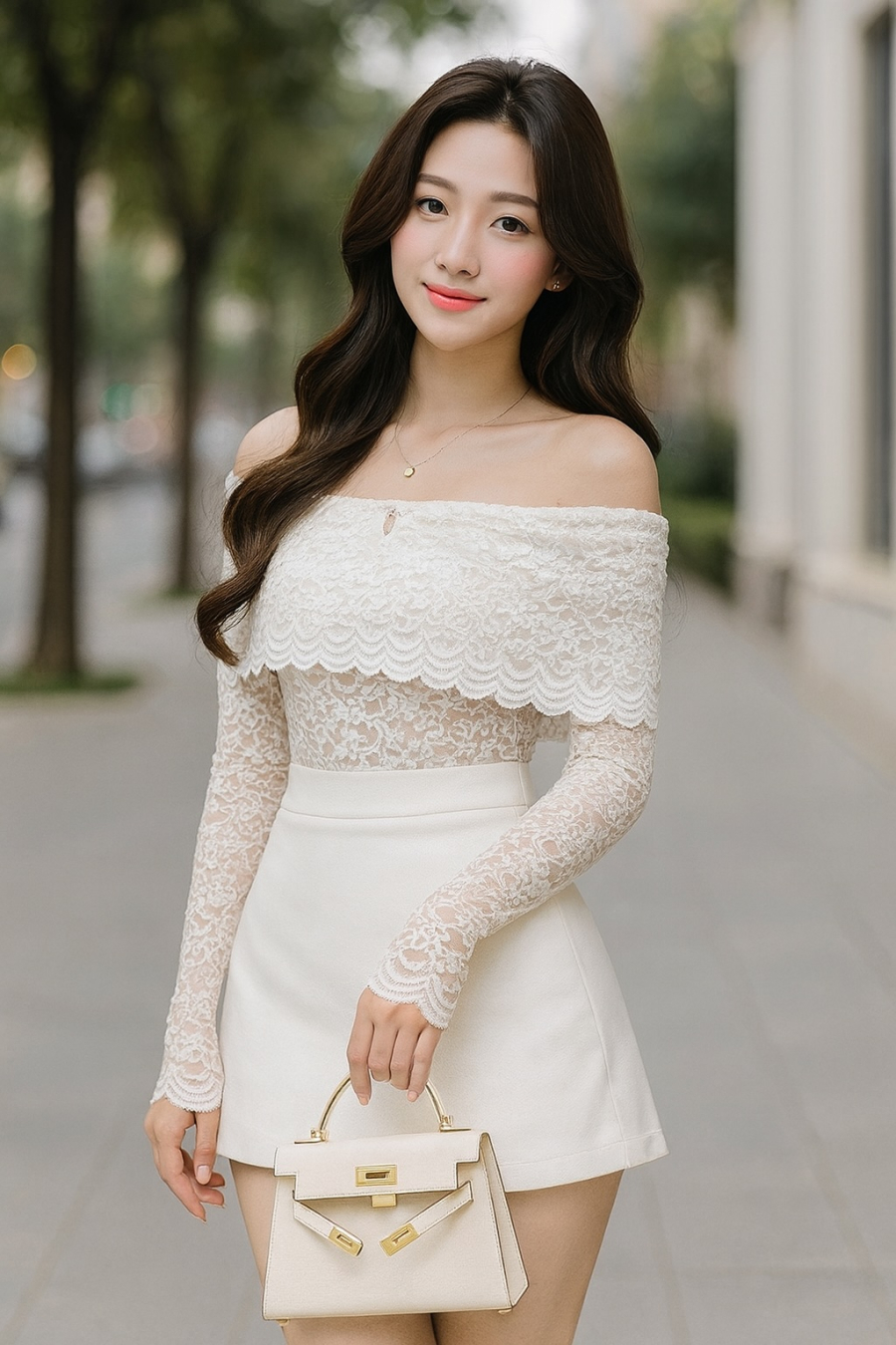 Khi muốn hóa thân thành một nàng tiểu thư hiện đại, hãy thử kết hợp áo ren trễ vai với chân váy ngắn