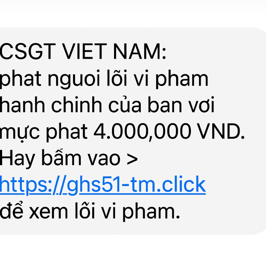 Tin nhắn “phạt nguội” kèm link giả mạo – thủ đoạn lừa đảo phổ biến thời gian gần đây.