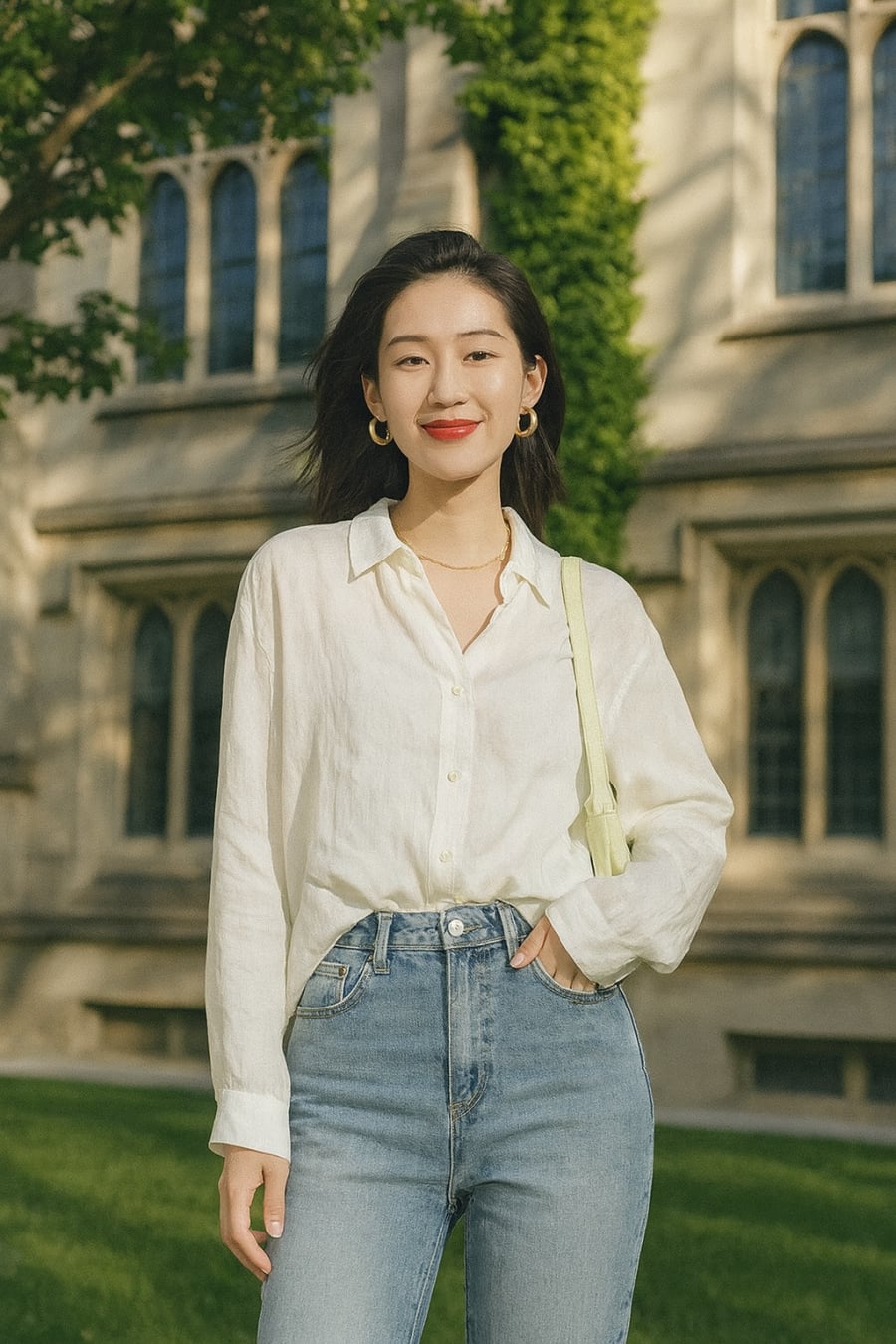Set đồ kinh điển: sơ mi trắng mix jeans ống đứng, đơn giản mà chưa bao giờ lỗi mốt.