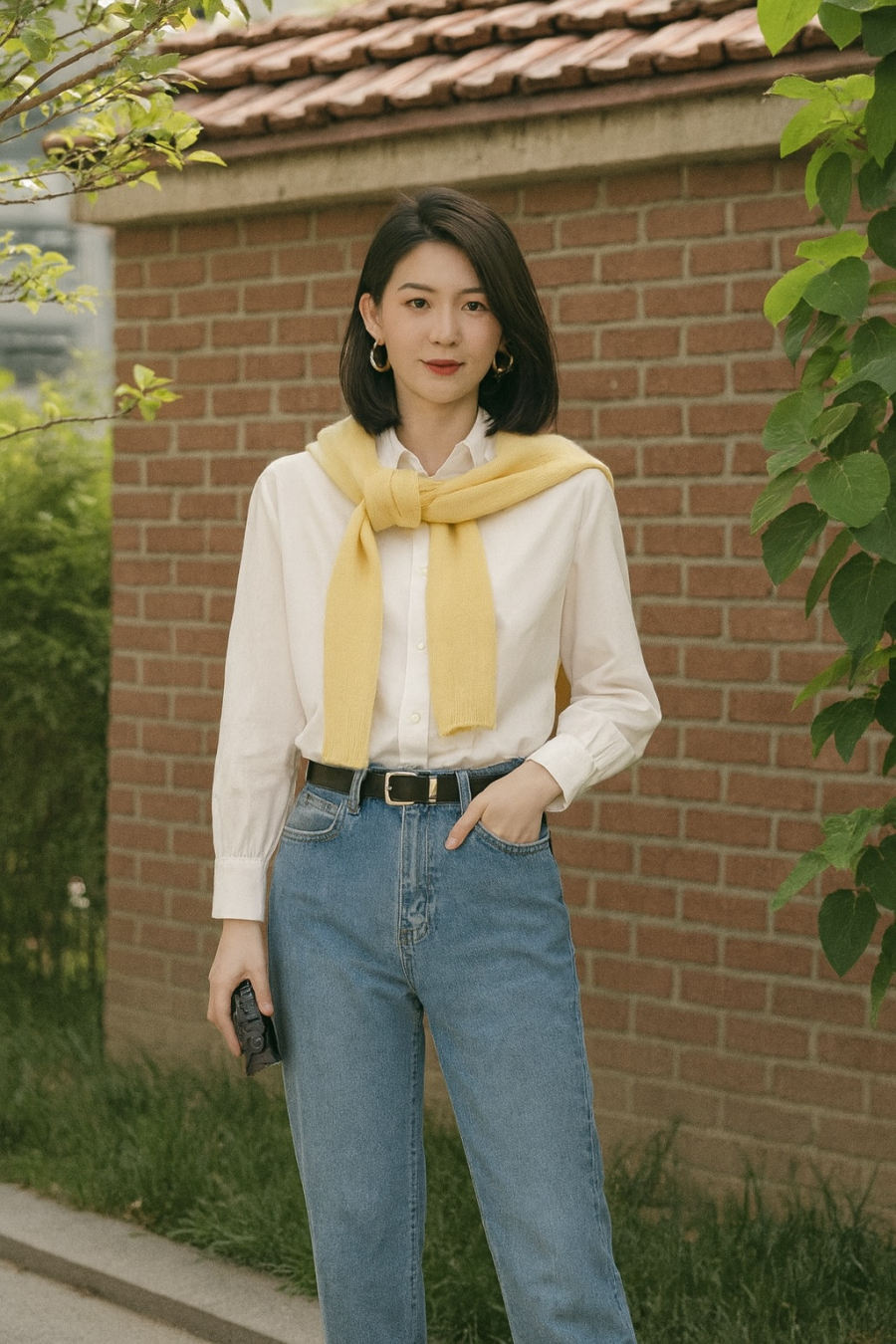 Chỉ cần thêm áo len quàng vai và thắt lưng da, outfit công sở bỗng sang chảnh hẳn lên.