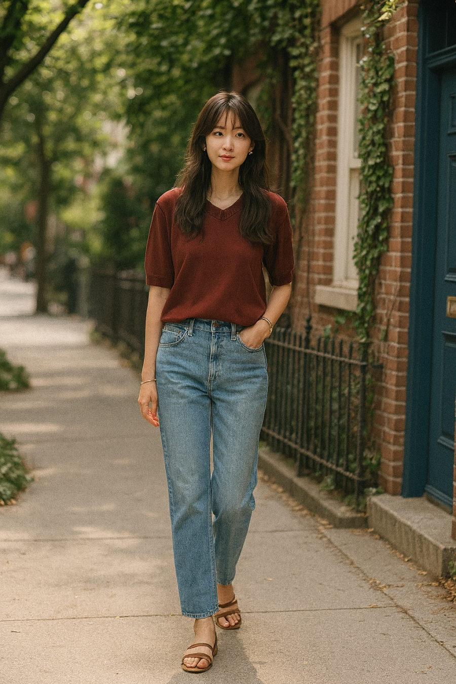 Tông đỏ nâu ấm áp song hành cùng xanh denim, vừa cổ điển vừa tôn da.