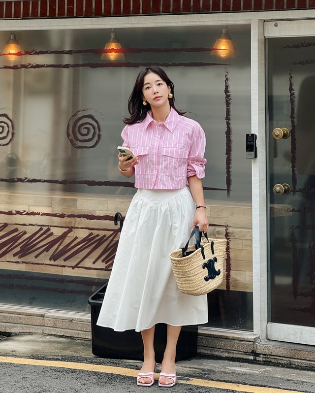  Túi cói và sandal cao gót là lựa chọn hoàn hảo để bổ sung sự phóng khoáng, thời thượng.